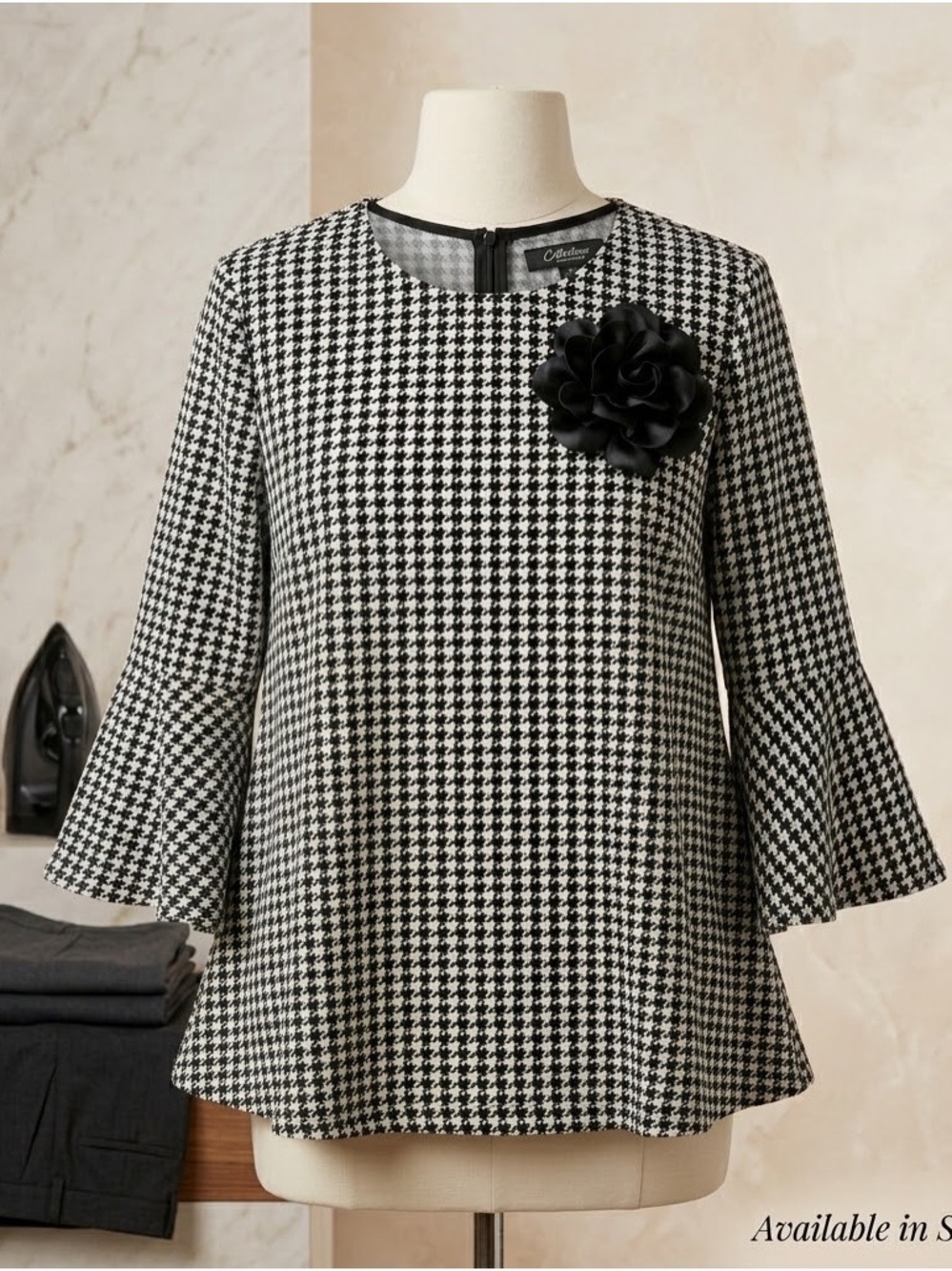 Houndstooth Bell-Sleeve Tunic with Floral Pin - Black & White